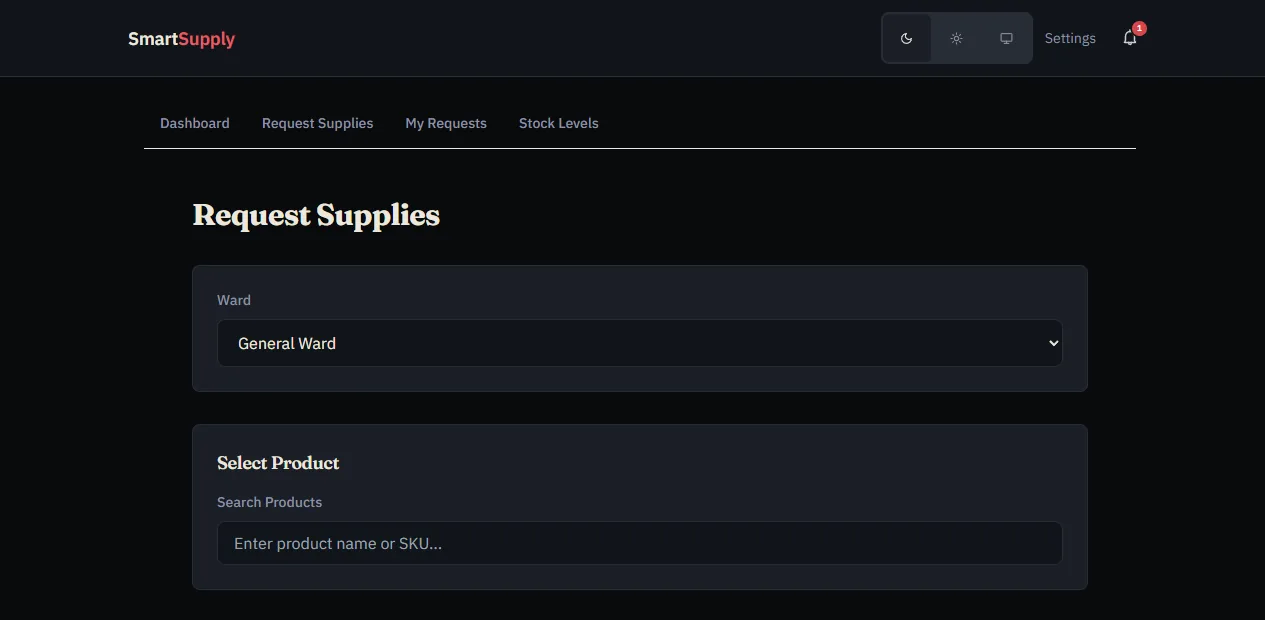 The ward request screen: a ward selector set to General Ward and a product search box, under the SmartSupply header.